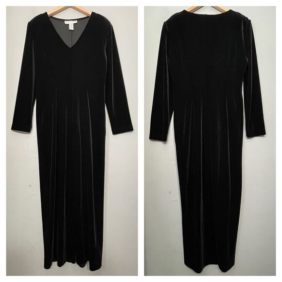 Vintage Black Velvet Maxi Dress Size 12 Holiday Gothic Romantic Witchy Evening - Picture 1 of 12